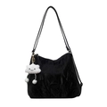 Black pleated tote bag with long shoulder strap and cute white cloud plush charm - Black With Pendant