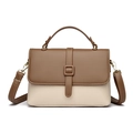 Bolso bandolera de cuero marrón y crema con textura de lichi y detalles dorados - Beige y Caqui