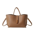 Grand sac cabas en cuir caramel avec poignée supérieure et fermoir rotatif doré chic - Marron (Cuir PU Souple Grain Litchi)