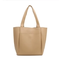 Large beige tote bag in lychee-grain PU leather featuring a minimalist front pocket design - Khaki