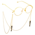 Golden metal round glasses chain featuring fashionable black fishbone charms - Fishbone Pendant Style (GL695) / Gold