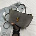 Retro grey suede tote bag with golden metal buckle and adjustable crossbody strap - Grey (Frosted Suede)