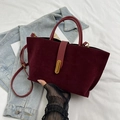 Deep red suede tote bag for women featuring a golden lock and adjustable strap - Wine Red (Frosted Suede)