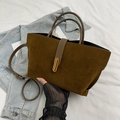 Brown faux suede tote bag with leather strap and golden buckle in retro chic style - Brown (Frosted Suede)