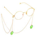 Golden round glasses with stylish metal chain featuring green cucumber slice pendants - Gold Cucumber Pendant (GL656)