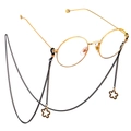 Gold round frame glasses with black chain and double flower pendants in 45-degree view - Double Flower Pendant Style (GL591)