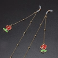 Fashionable gold metal glasses chain with red rose charms and green leaf accents - Red Rose Gold Chain