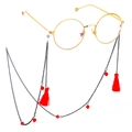 Gold round frame glasses with black metal chain featuring red tassels and crystal beads - Black Chain Red Tassel