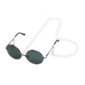 Close-up of clear acrylic link chain attached to round black metal frame sunglasses - Clear