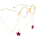 Golden round glasses with anti-slip metal chain and red purple star fabric pendants - Gold Red-Purple Star Pendant Style (GL314)