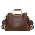 Brown leather bucket bag with gold square handle and geometric patterned wide strap - Coffee