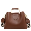 Brown leather bucket bag with gold metal handle and woven geometric shoulder strap - Brown