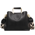 Black minimalist leather bucket bag with gold metal handles and woven strap - Black