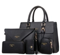 Set da 5 pezzi di borse da donna in pelle PU Saffiano nera con dettagli in metallo dorato - Nero