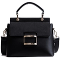 Fashionable black matte and smooth leather crossbody bag with golden rectangular buckle - Black