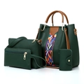 Green leather tote bag four-piece set with stylish geometric woven strap detailing - Green