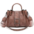 Borsa a secchiello marrone in similpelle con cuciture bianche e tracolla a righe - Rosa