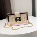 Pink metallic sequins mini box bag with gold hardware and elegant chain strap - Pink
