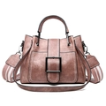 Retro dusty rose bucket bag with iron handle and striped wide shoulder strap - Pink