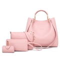 Pink 4-piece faux leather bag set including tote with round gold handle and crossbody bag - Pink