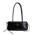 Glossy black baguette shoulder bag with leather bow and golden heart charm detail - Black
