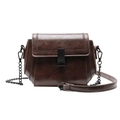 Brown leather crossbody flap bag with V-shaped stitching and black chain strap - Brown