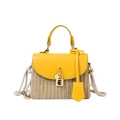 Fresh yellow leather and woven straw crossbody handbag with floral charm and rope strap - Yellow