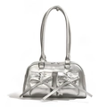 Metallic silver hobo bag with large bow accents and spacious twin pocket design - Silver