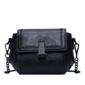Elegant black lychee texture crossbody bag with metal chain strap and woven stitching details - Black