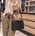 Classic black faux leather crossbody bag with stone pattern and gold buckle detail - Stone Pattern Black