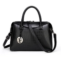Black crocodile embossed tote bag with silver F pendant and adjustable shoulder strap - Black