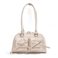 Creamy white PU shoulder bag with decorative front pockets and sweet ribbon details - White