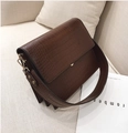 Chic dark brown faux leather crossbody bag with crocodile pattern and wide strap - Stone Pattern Brown
