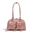 Sweet pink bow shoulder bag with pleated flap pockets and silver zipper on white background - Pink