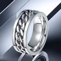 Polished stainless steel spinner ring featuring a central rotating Cuban link chain design - US 5 / Steel Chain Style (23-C-2)