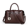 Dark brown crocodile embossed boston handbag with metallic F pendant and long strap - Dark Brown