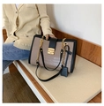 Beige faux crocodile skin tote bag with black leather trim and chain strap accent - Khaki