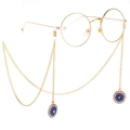 Goldene Brillenkette mit rutschfesten Straßsteinen und blauen Evil Eye Anhängern für Brillen - Evil Eye Anhänger Stil (GL251) / Gold