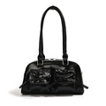 Glossy black shoulder bag with bow details and functional pockets in a sleek finish - Black