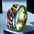 Rainbow plated stainless steel spinner ring with center chain detail and polished finish - US 5 / Rainbow Chain (23-B-2)