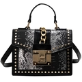 Black and silver snakeskin print shoulder bag with gold rivets and chain lock - Black and Silver