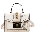 White snakeskin embossed handbag with gold rivets and metallic chain buckle - Beige