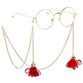 Golden round glasses frame with classic metal eyewear chain and red tassel charms - Gold with Red Tassels