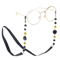 Lunettes rondes dorées avec cordon en perles acryliques noires et ruban vintage - Style Ruban Gros-Grain à Perles Noir et Or (GB001)