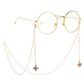Golden round glasses chain with cross and evil eye pendants, featuring white rhinestones - Gold Rhinestone Cross Evil Eye Style (GL225)