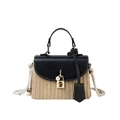Bohemian straw handbag with black leather flap, gold padlock and white flower charm - Black