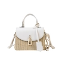 Mini straw woven handbag with white leather patchwork and golden square metal lock - White