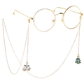 Golden round frame glasses with festive Christmas tree and bell pendant metal chain - Gold Christmas Tree & Bell Style