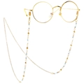 Golden metal eyewear chain with white and light blue beads for non-slip glasses support - Gold Chain With White Blue Beads Heart Pendant (GL108)