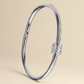 Silver H-shaped stainless steel bangle with pavé diamonds and a sliding charm - Silver Slider Cylinder Waist Bangle